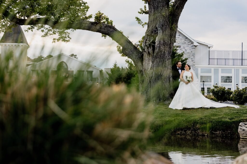 Amy and Mihai during their wedding photo session overlooking the water.