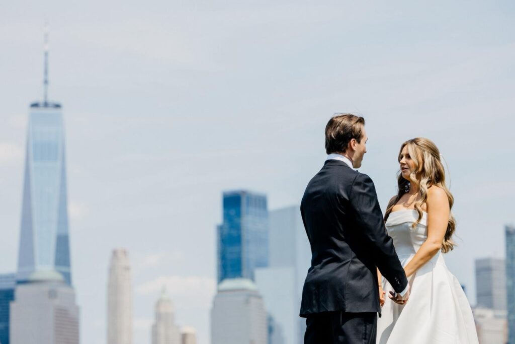 Allie and Kenneth during their first look at their New Jersey wedding.
